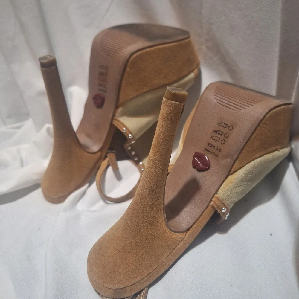 Promise Tan Suede Studded Platform Slingback Stiletto Heels Peep Toe Sandals 5.5
